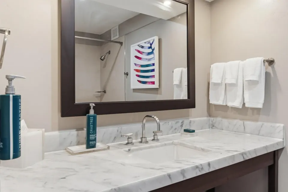 Family Connecting Junior Suite bathroom vanity at Caribe Hilton.