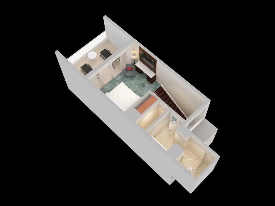 Angled floor plan of a king bedroom level with balcony and bath at Caribe Hilton.