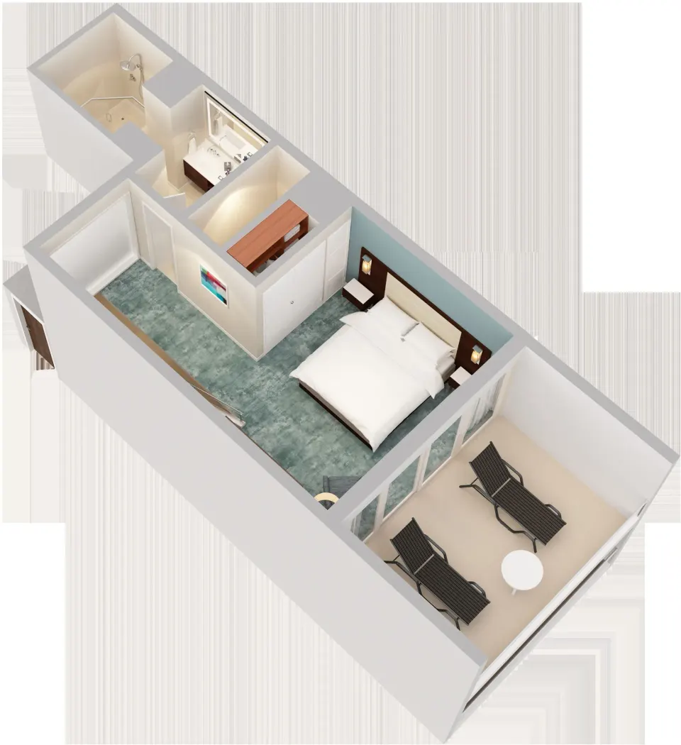 Cutaway floor plan of a king bedroom, bath, and balcony at Caribe Hilton.