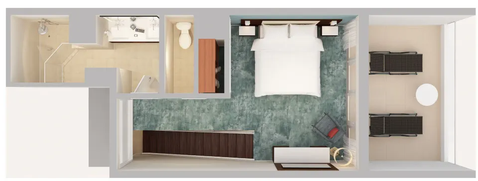Top-down floor plan of a king bedroom, bath, and balcony at Caribe Hilton.