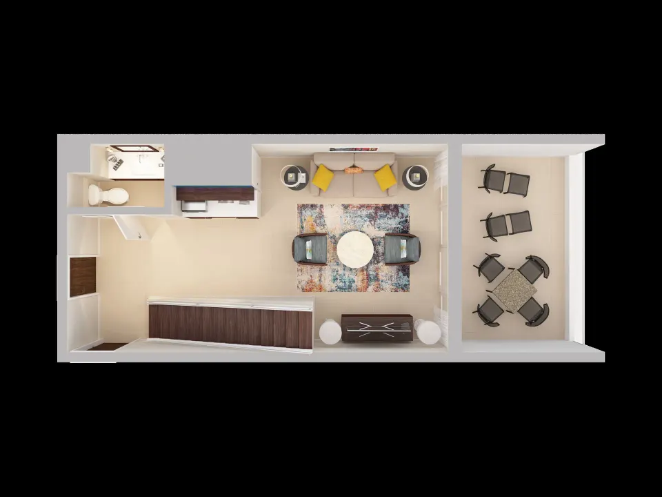 Overhead floor plan of a suite living area and terrace at Caribe Hilton.