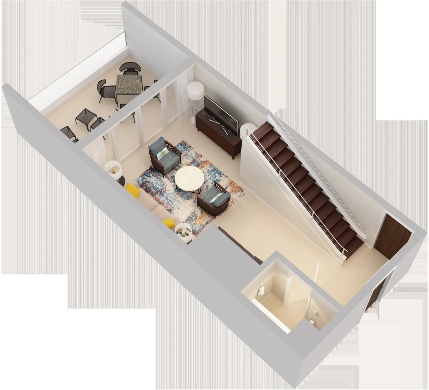 Angled floor plan of a suite living room, terrace, stairs, and bath at Caribe Hilton.
