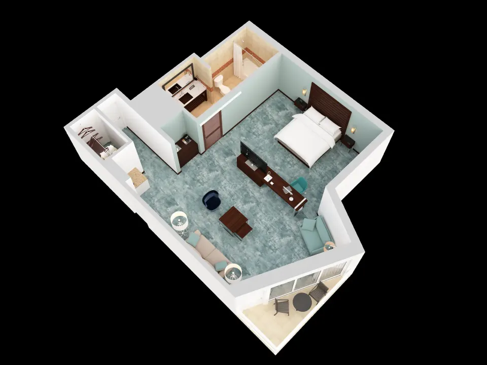 3D floor plan of a Junior Suite with king bed, sofabed, and balcony at Caribe Hilton.