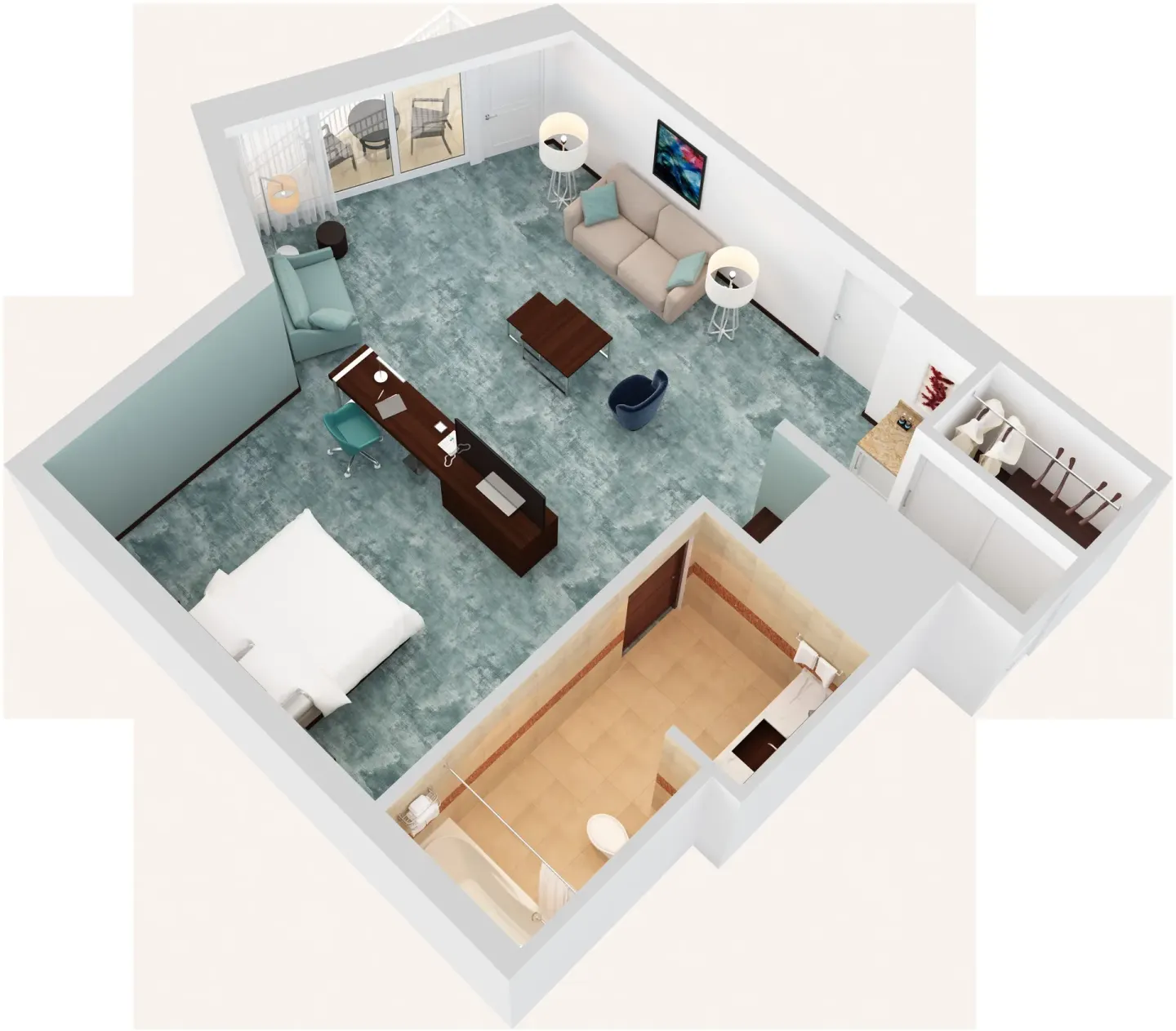 Angled 3D floor plan of a Junior Suite with king bed, sofabed, and balcony at Caribe Hilton.
