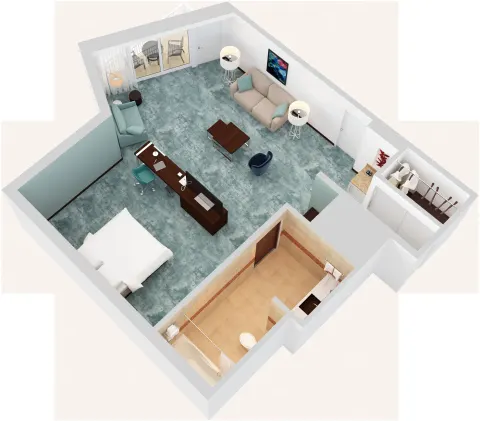 Angled 3D floor plan of a Junior Suite with king bed, sofabed, and balcony at Caribe Hilton.
