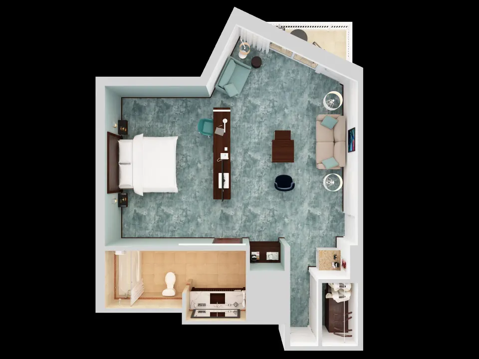 Top-down floor plan of a Junior Suite with king bed, sofabed, and balcony at Caribe Hilton.