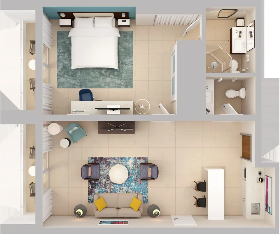 Overhead floor plan of a premium king suite at Caribe Hilton with living area, bedroom, bath and balconies.