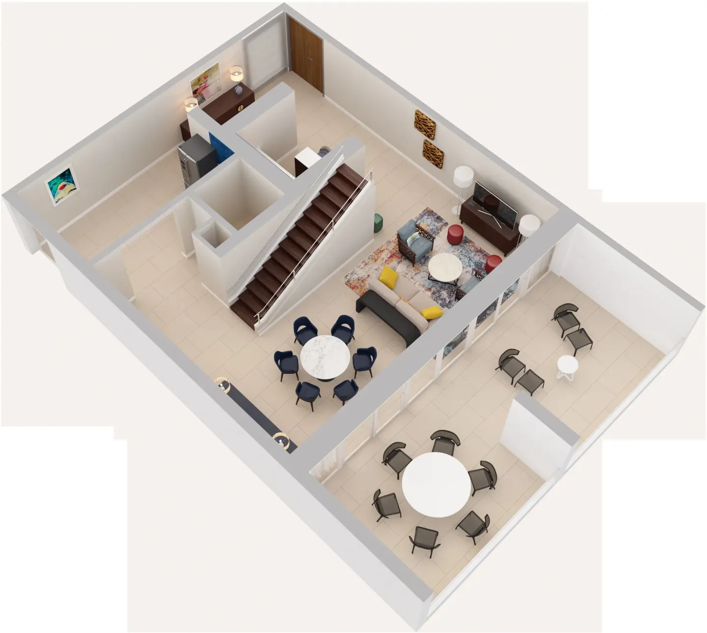 Angled floor plan of the Presidential suite living level and terrace at Caribe Hilton.