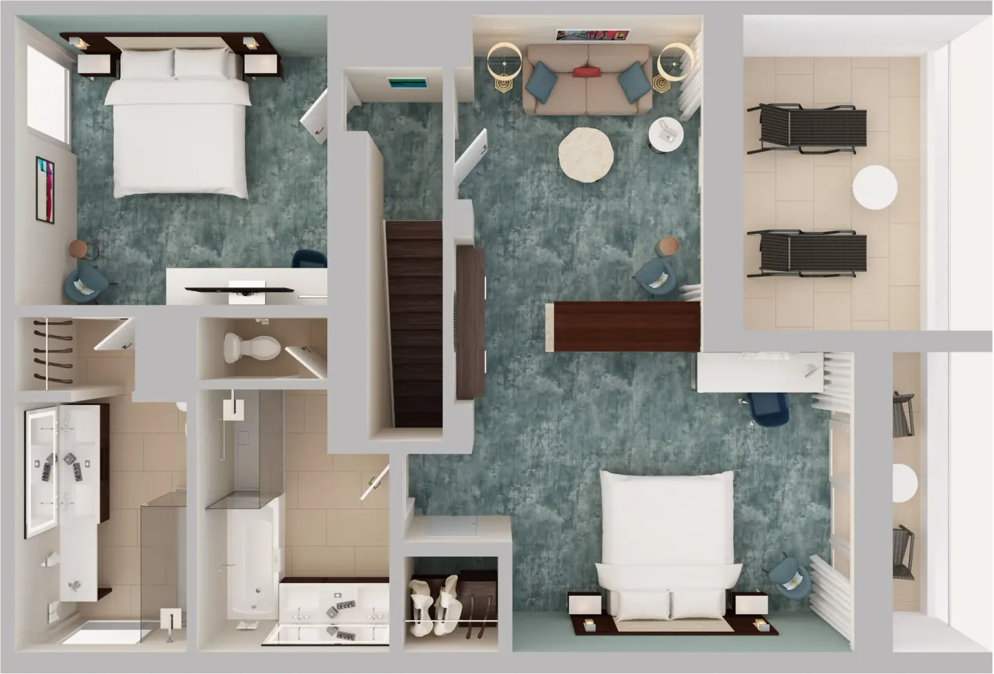 Top-down floor plan of the Presidential two-bedroom suite bedrooms at Caribe Hilton.