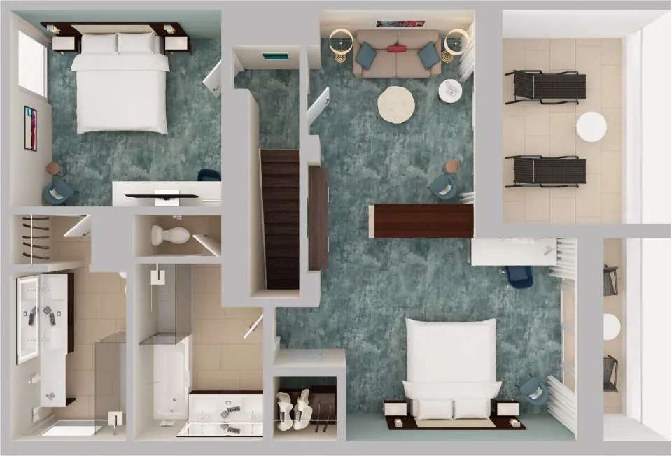 Top-down floor plan of the Presidential two-bedroom suite bedrooms at Caribe Hilton.