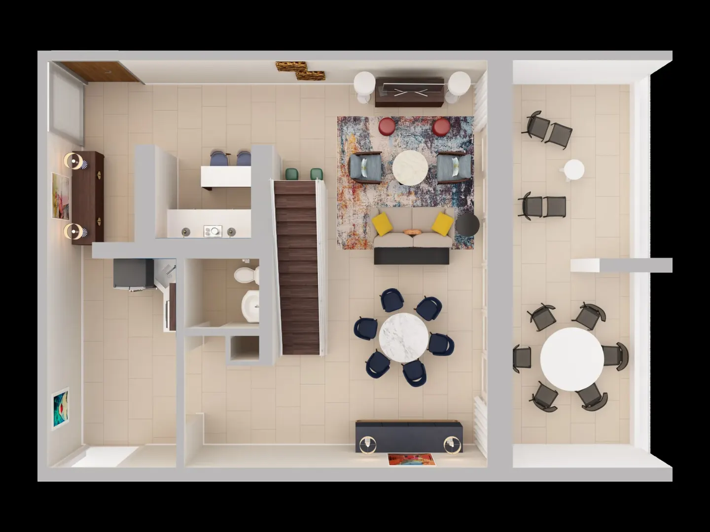 Top-down floor plan of the Presidential two-bedroom suite living level at Caribe Hilton.