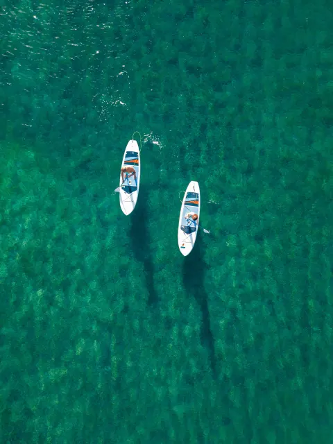 Two paddleboarders seen from above on clear green water at Carlisle Bay.