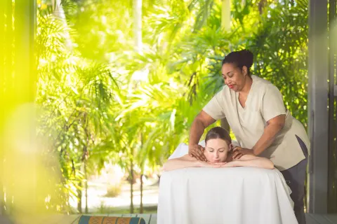 A therapist gives a massage beside tropical greenery at Carlisle Bay.