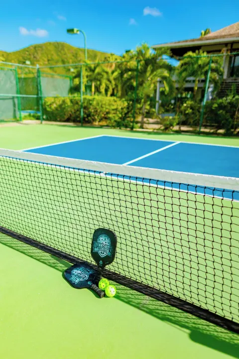Pickleball paddles and balls rest by the net on a court at Carlisle Bay.