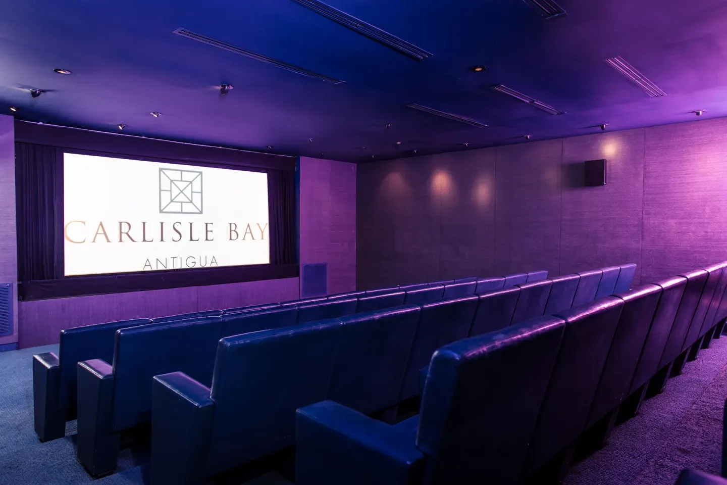 Screening room with rows of seats and a Carlisle Bay screen.
