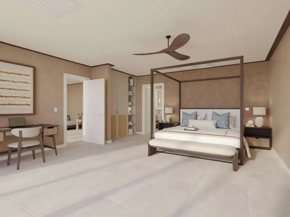 Carlisle Bay bedroom with four-poster bed and desk at Carlisle Bay.