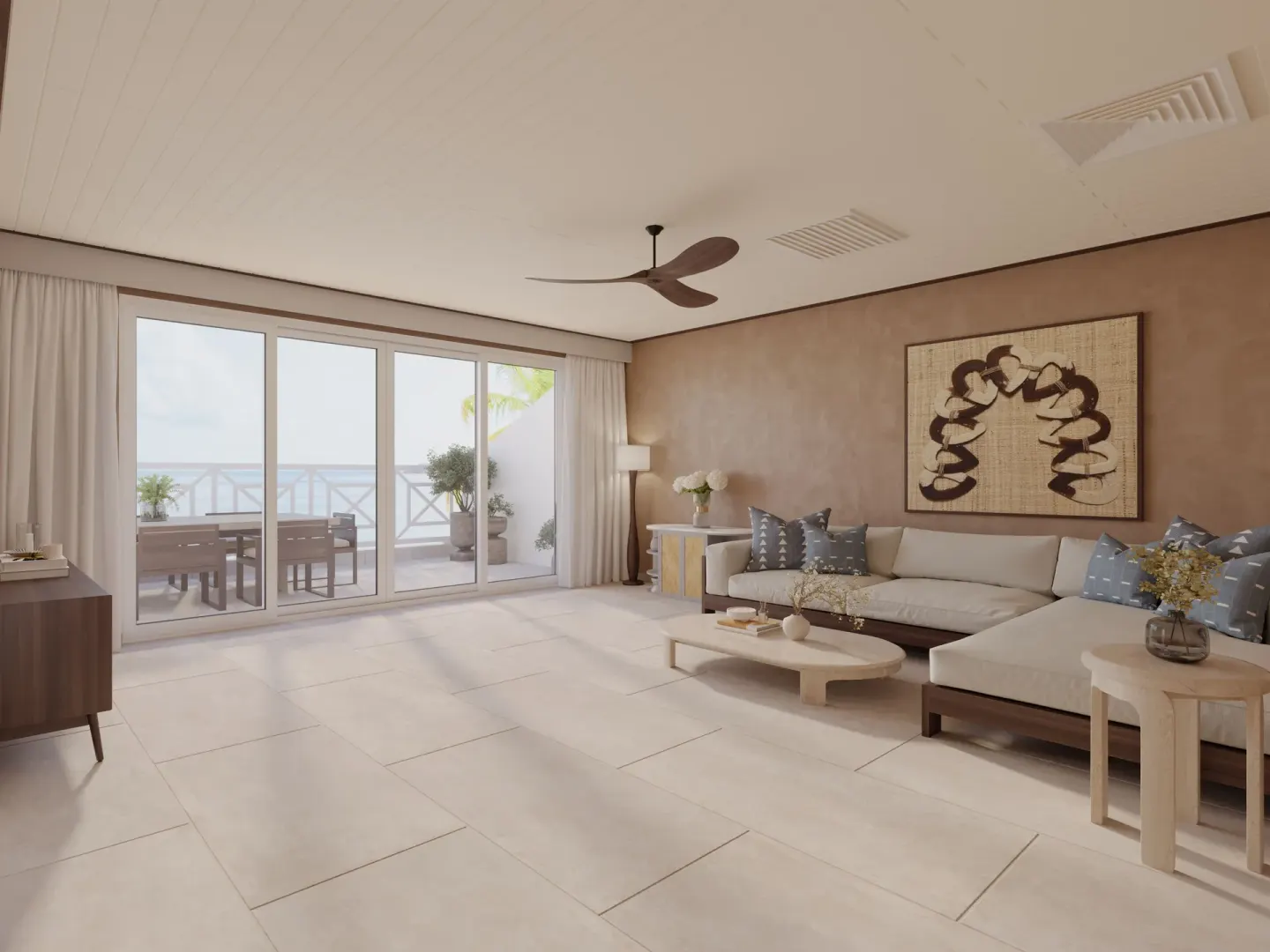 Carlisle Bay living room with sofa and terrace doors at Carlisle Bay.