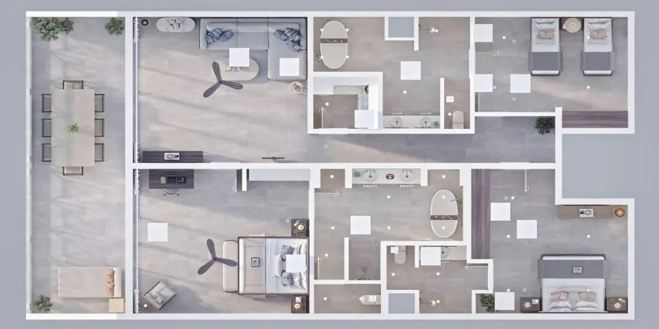 Floor plan of Carlisle Bay showing bedrooms, bathrooms, living areas, and terrace at Carlisle Bay.