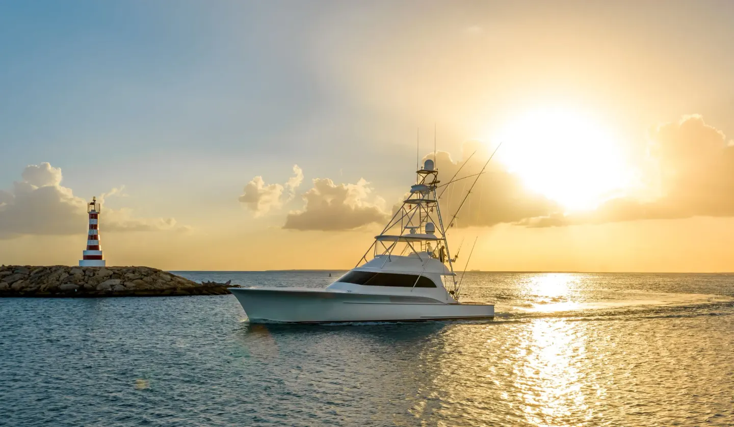 A sportfishing boat passes a striped lighthouse near Casa de Campo Resort and Villas and Villas and Villas.