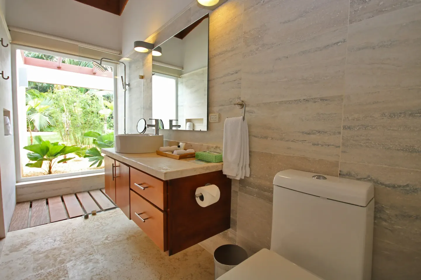 Bathroom with garden window in a Four Bedroom Garden Villa at Casa de Campo Resort and Villas and Villas and Villas.