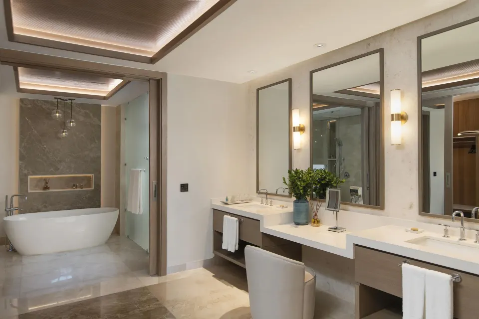 Premier Presidential Suite bathroom at Casa de Campo Resort and Villas with tub and double vanity.