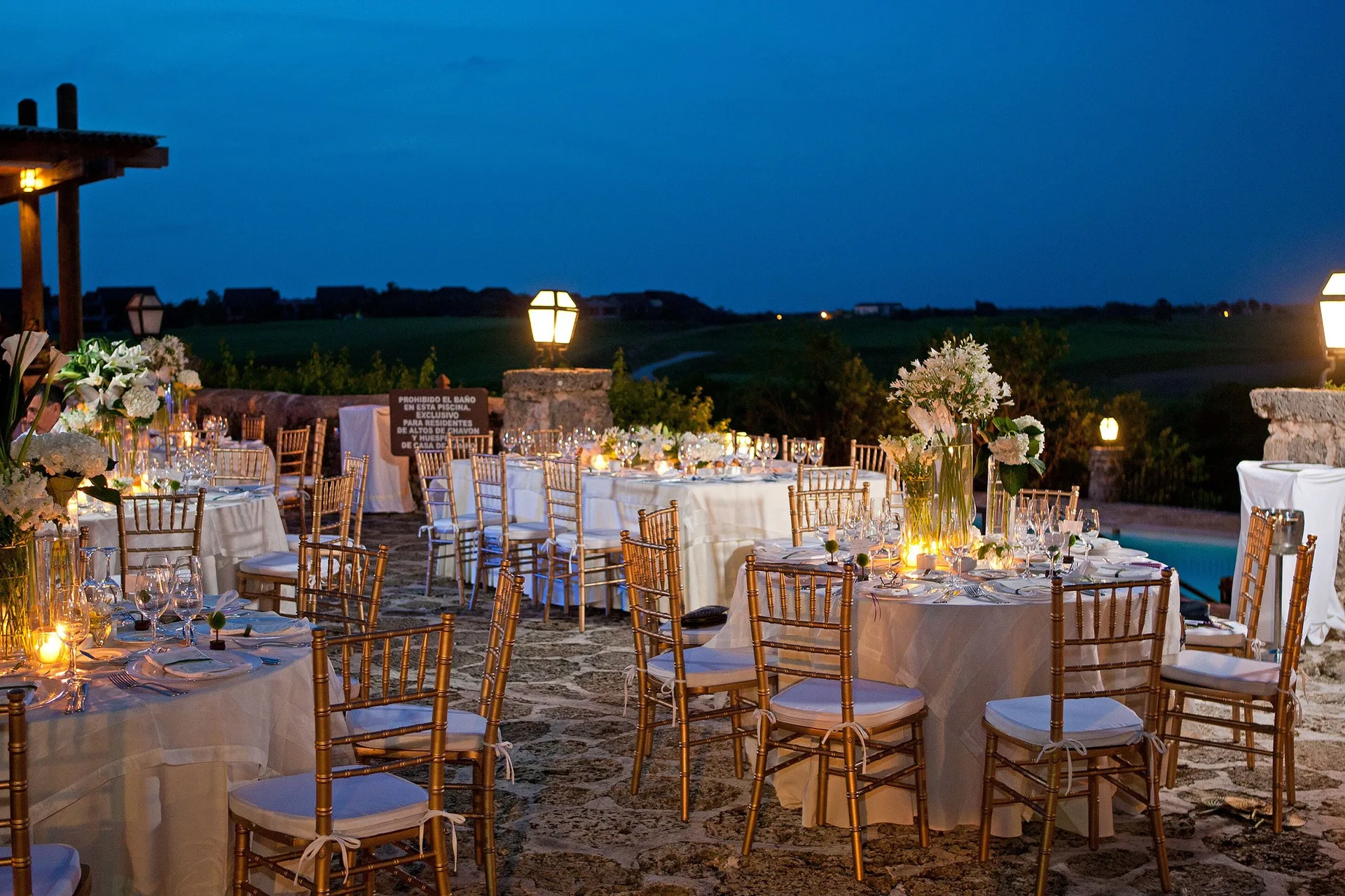 Outdoor wedding reception tables at Casa de Campo Resort and Villas.