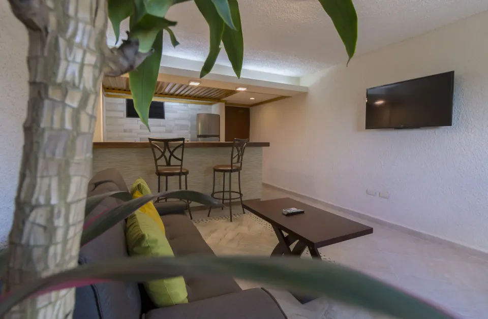Living area with sofa, mounted TV and bar counter visible through foliage at Casa del Mar Cozumel Hotel & Dive Resort