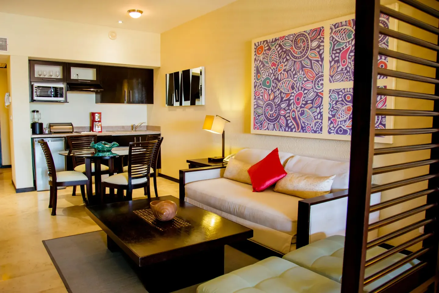 Junior suite living area and kitchenette at Casa Dorada Los Cabos Resort & Spa.