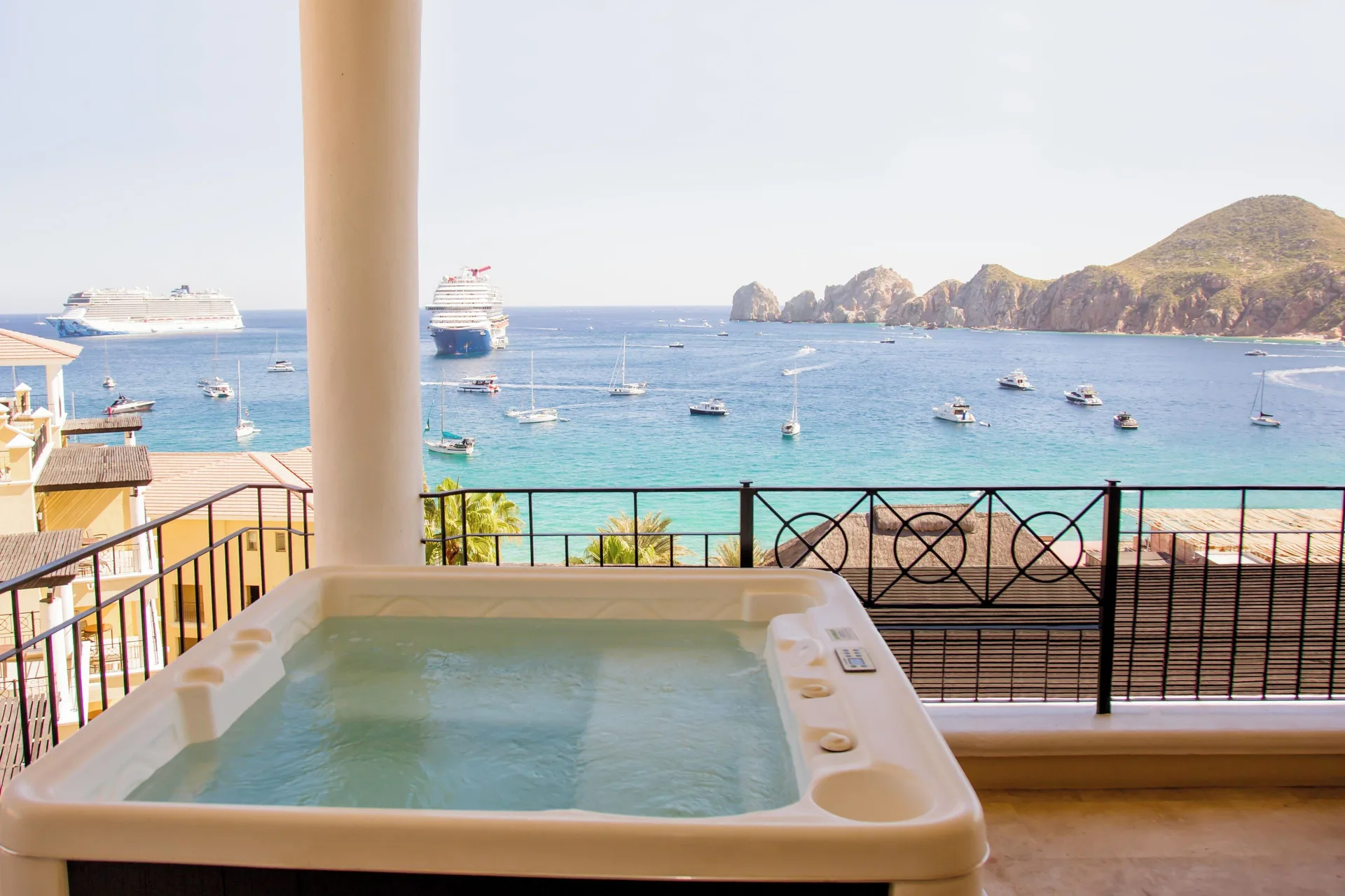 Penthouse balcony hot tub overlooking the bay at Casa Dorada Los Cabos Resort & Spa.