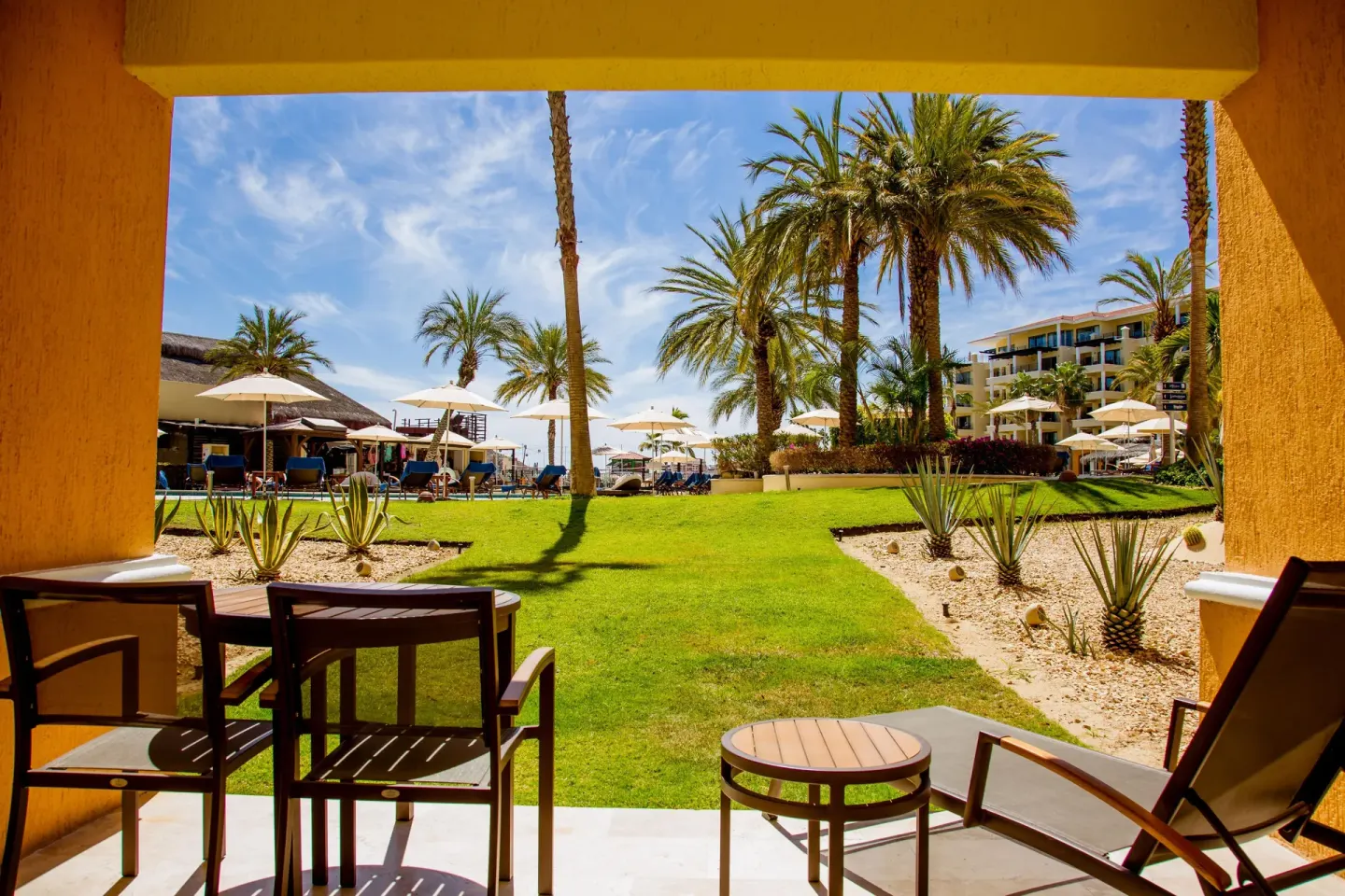 Garden patio with chairs and palm lawn at Casa Dorada Los Cabos Resort & Spa.