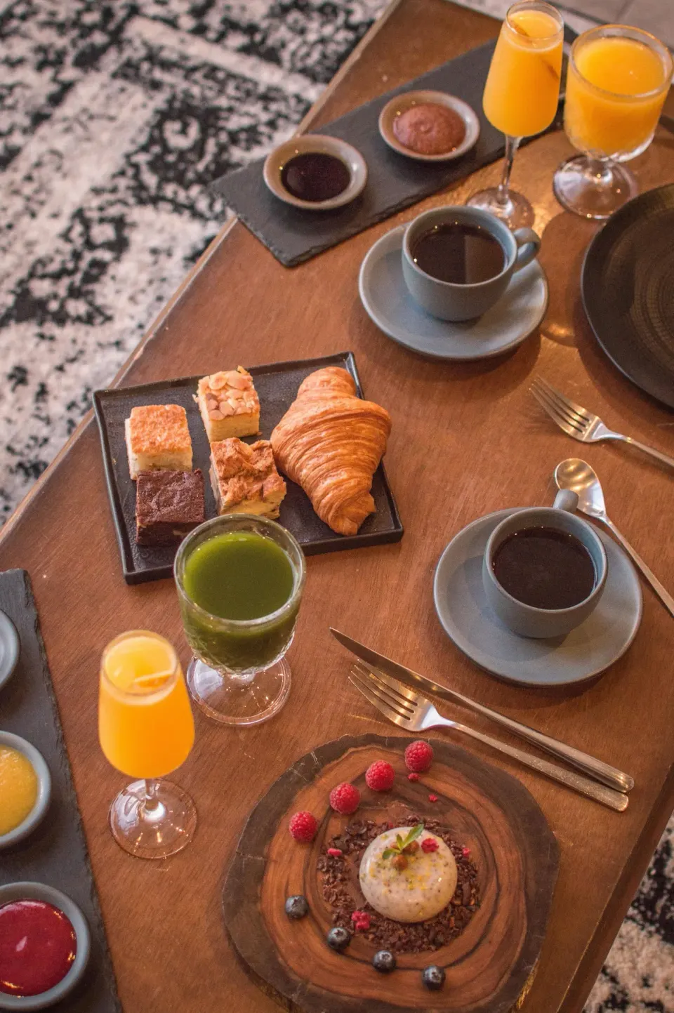 Breakfast spread with pastries, juice and coffee at Casa Malca