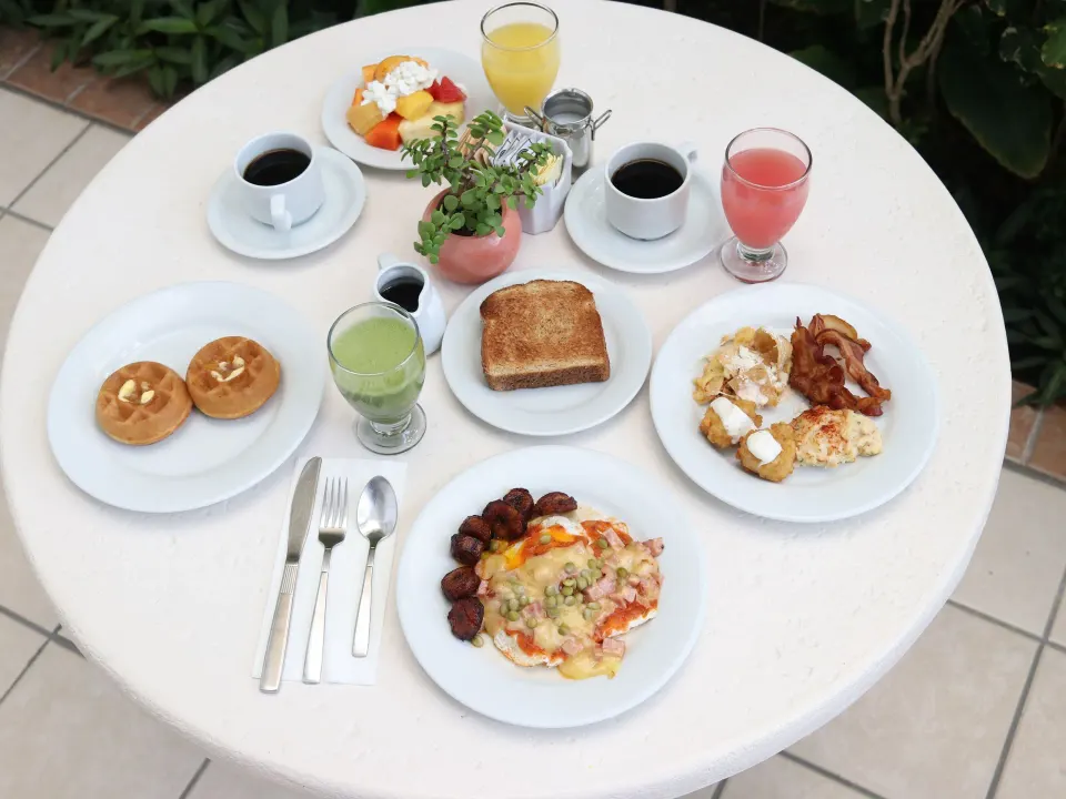 Top-down view of a full breakfast spread at Casa Mexicana Cozumel