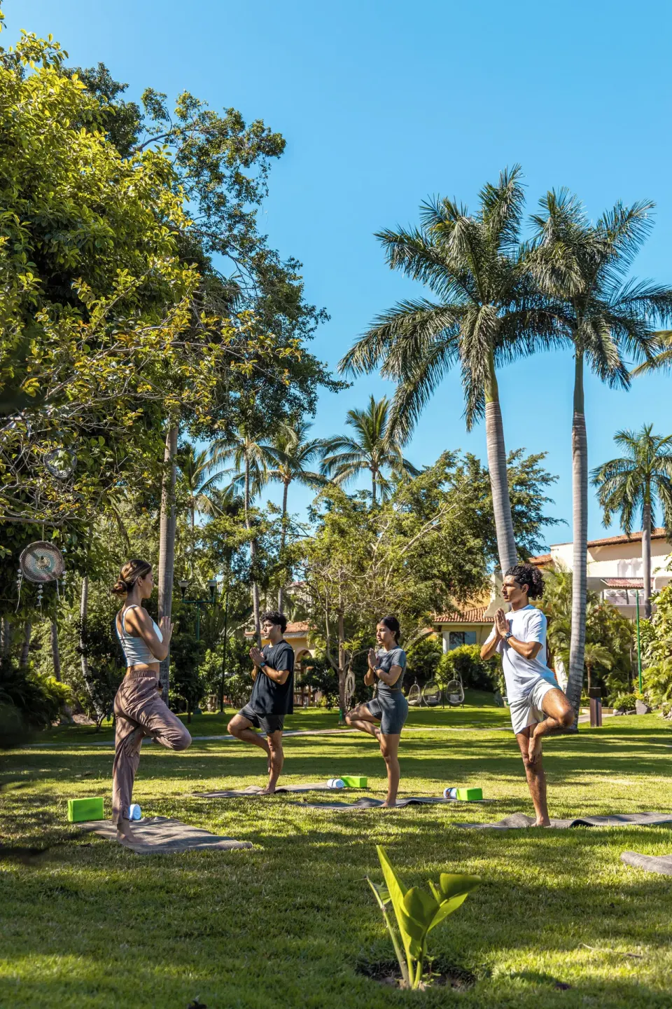 Yoga group balancing on one leg in the gardens at Casa Velas.