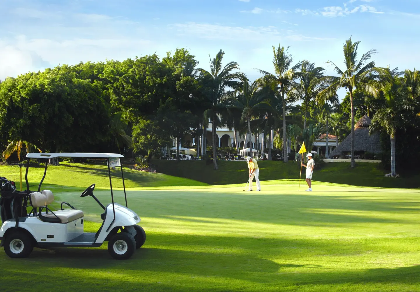 Golfers and a cart on a green bordered by palms near Casa Velas.