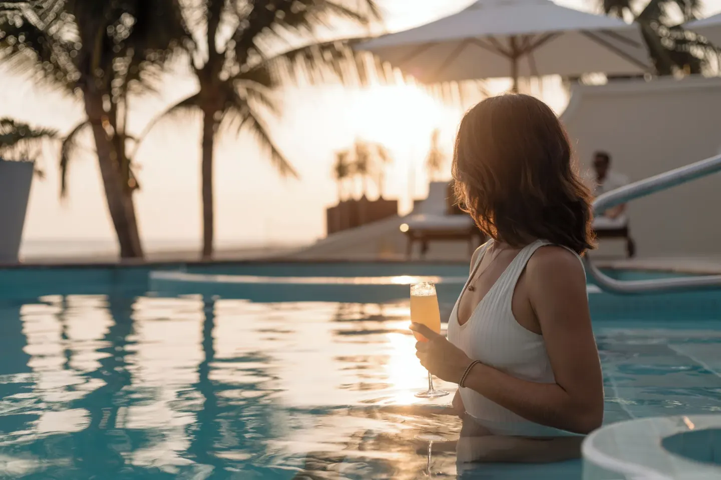 Guest holding a drink in a pool at sunset at Casa Velas.