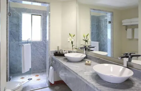 One Bedroom Ambassador Suite bathroom with double vessel sinks and glass shower at Casa Velas.