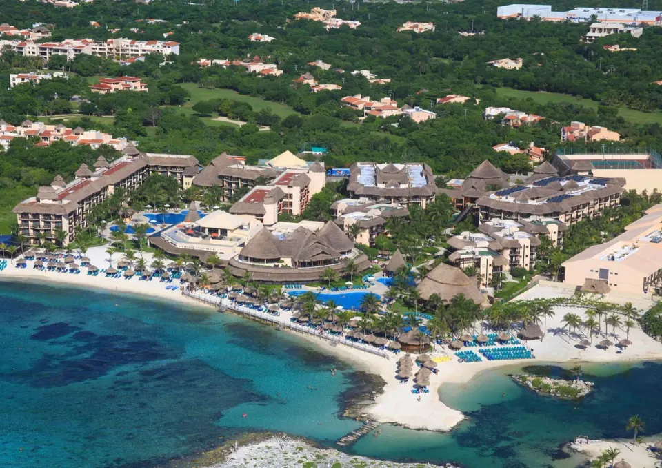 Aerial view of Catalonia Riviera Maya Resort and Spa beachfront and pools from above