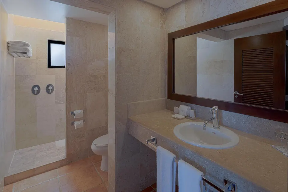 Privileged Superior Ocean View Room bathroom with sink and walk-in shower at Catalonia Riviera Maya Resort and Spa