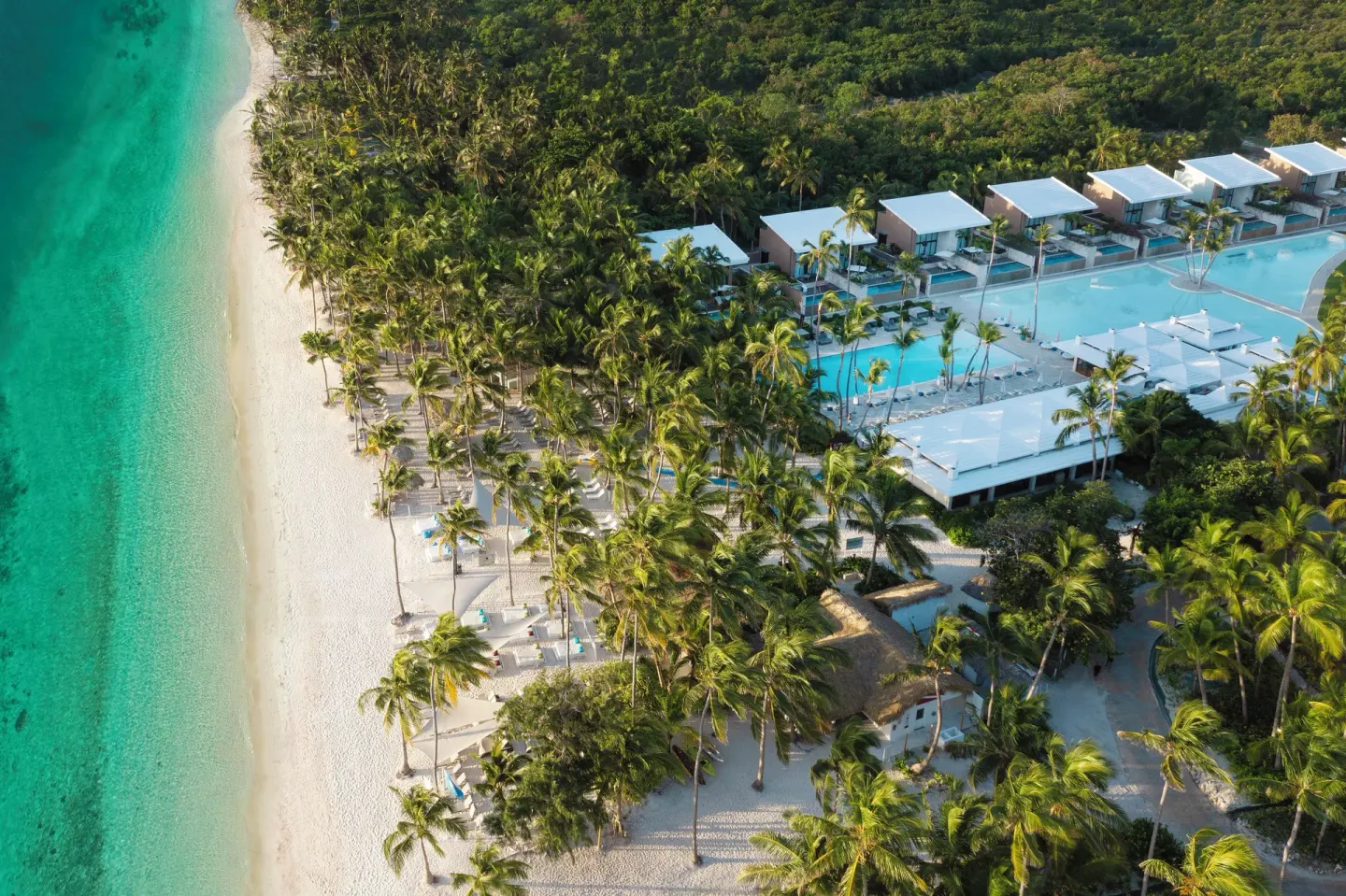 Aerial view of the beach, palms, pool and villas at Catalonia Royal Bavaro.