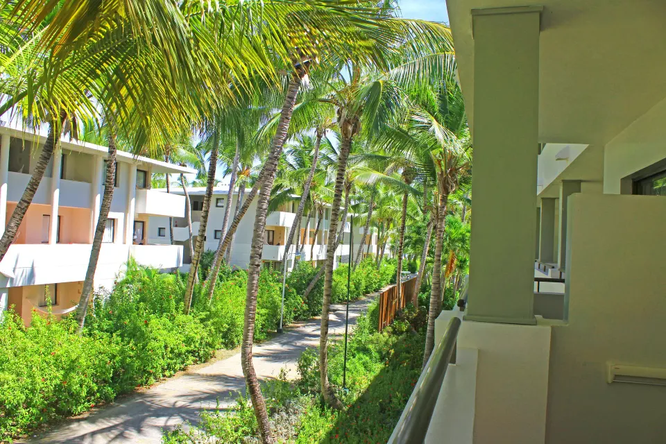 Privileged Deluxe Junior Suite balcony view of palms and walkways at Catalonia Royal Bavaro.