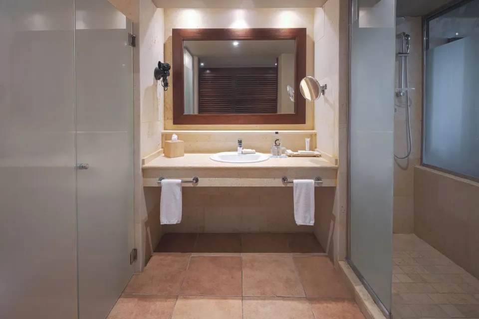 Privileged Junior Suite Deluxe bathroom vanity and shower at Catalonia Royal Bavaro.