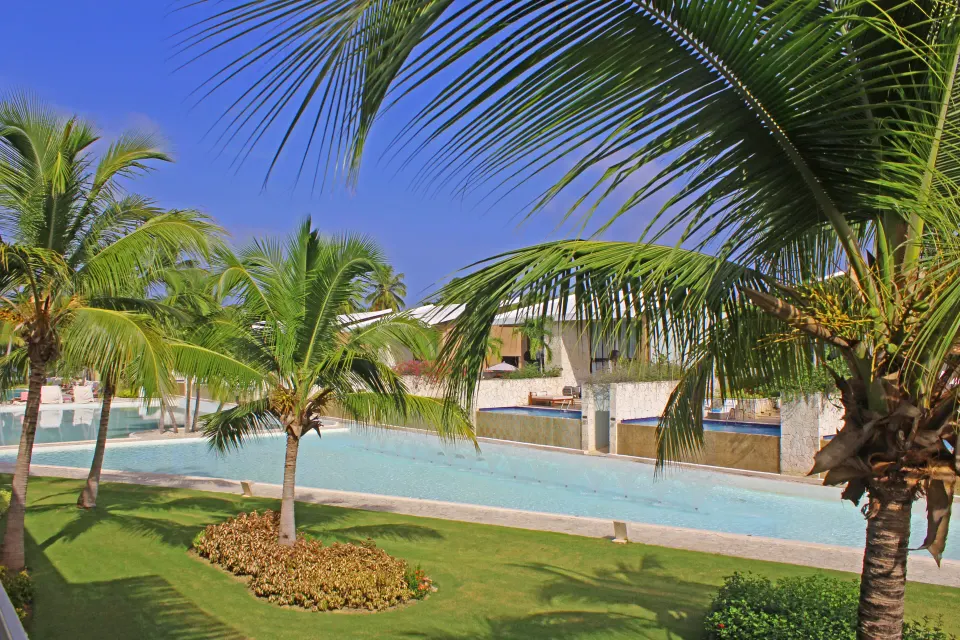 Palm-framed pool view from the suite area at Catalonia Royal Bavaro.