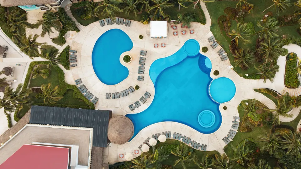 Aerial view of resort swimming pools at Catalonia Yucatan Beach