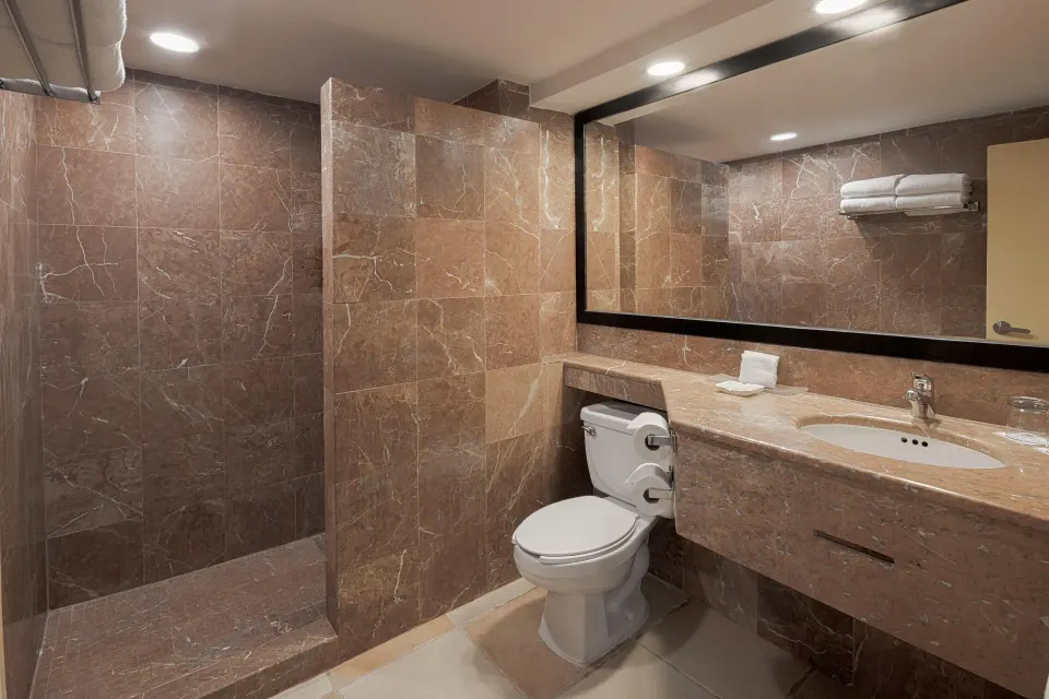 Bathroom in Premium Ocean Front Room with shower and vanity at Catalonia Yucatan Beach