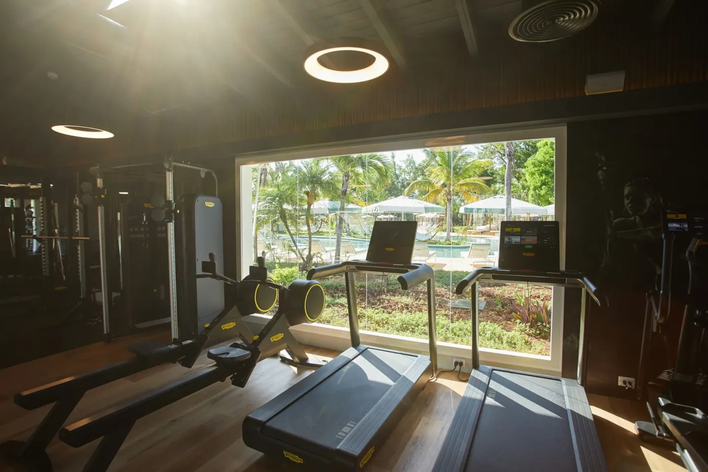 Gym treadmills and rowing equipment by a pool-facing window at Cayo Levantado Resort.