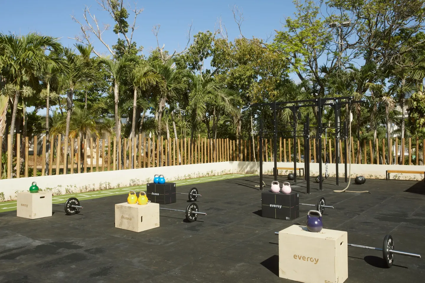 Outdoor training area with kettlebells, barbells, and pull-up rig at Cayo Levantado Resort.