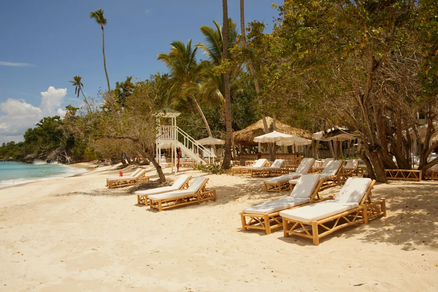 Sun loungers and umbrellas line a palm-fringed beach at Cayo Levantado Resort.