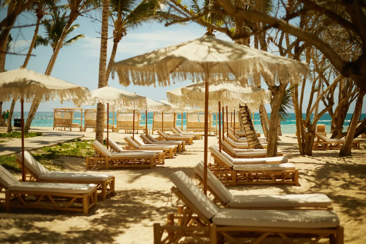 Beach loungers and fringed umbrellas sit beneath palm trees at Cayo Levantado Resort.