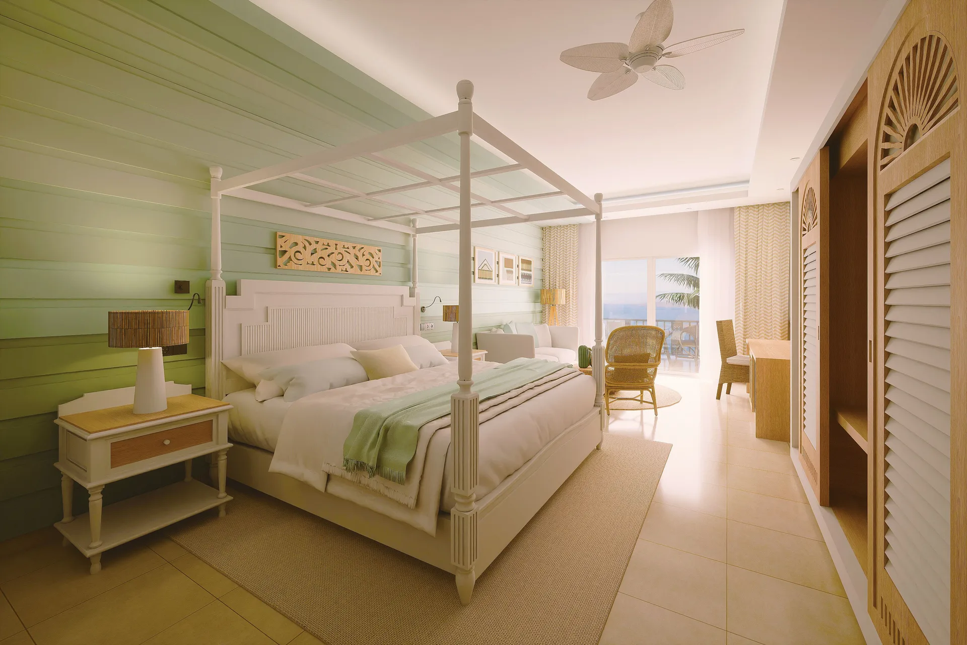 Junior Suite king canopy bed with balcony seating at Cayo Levantado Resort.