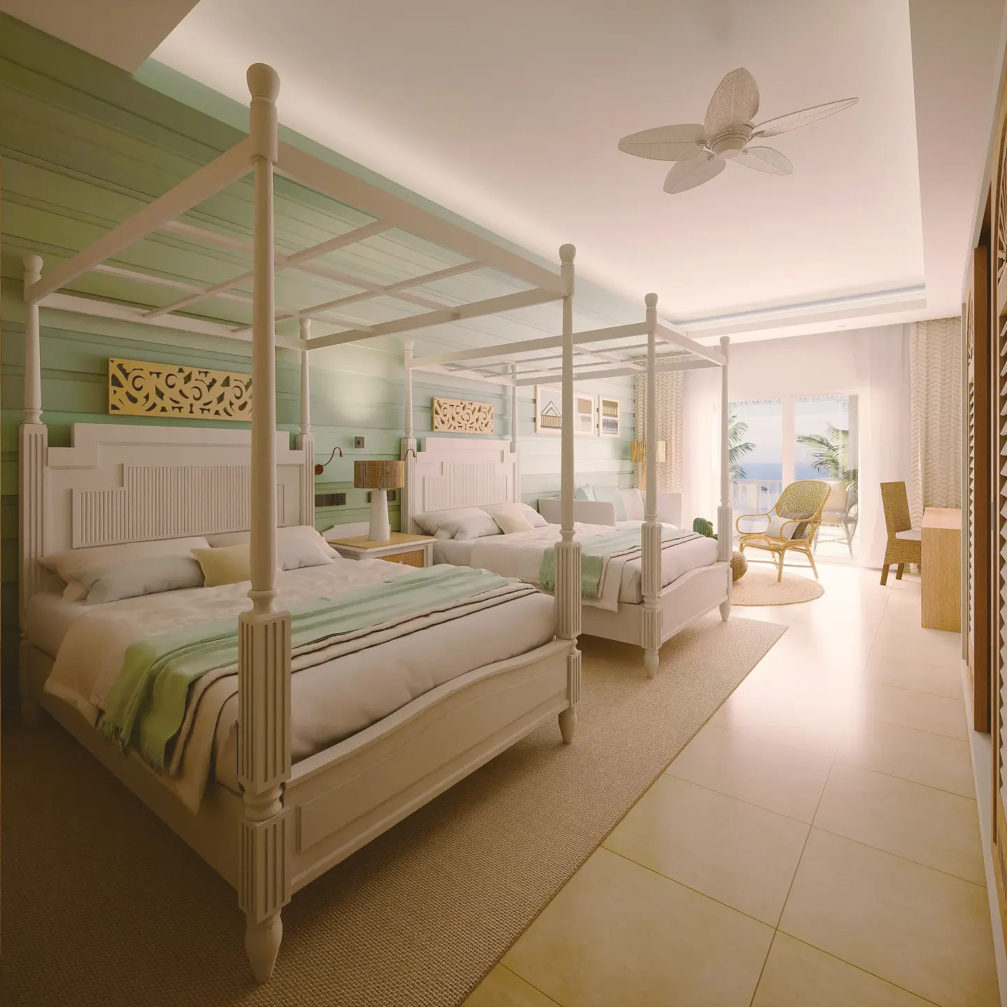 Junior Suite with two canopy beds and balcony light at Cayo Levantado Resort.